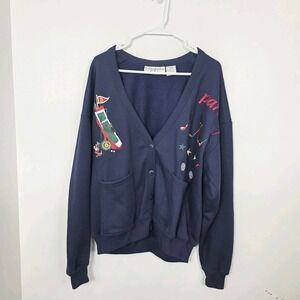 Vintage Navy Multicolor Preppy Golf Embroidered Grandpacore Sweater Size Large‎